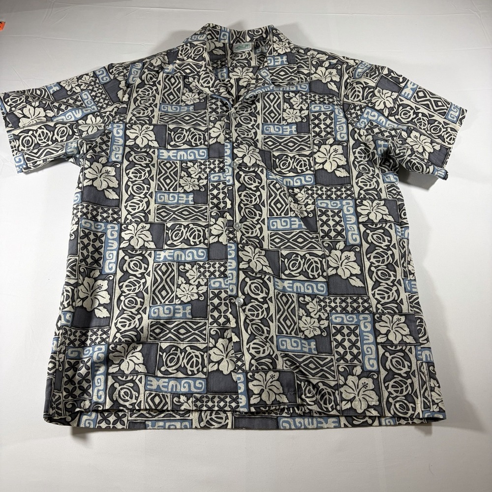 Jade Fashions Hawaiian Aloha Tiki Shirt Men's Large Blue/White/Gray
